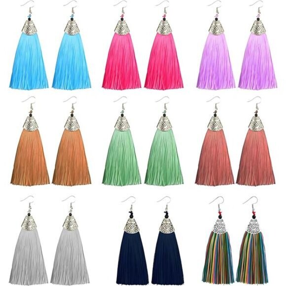 9 Pairs Colorful Boho Tassel- Long Thread Tassel Earrings Set for Women - - Picture 1 of 8